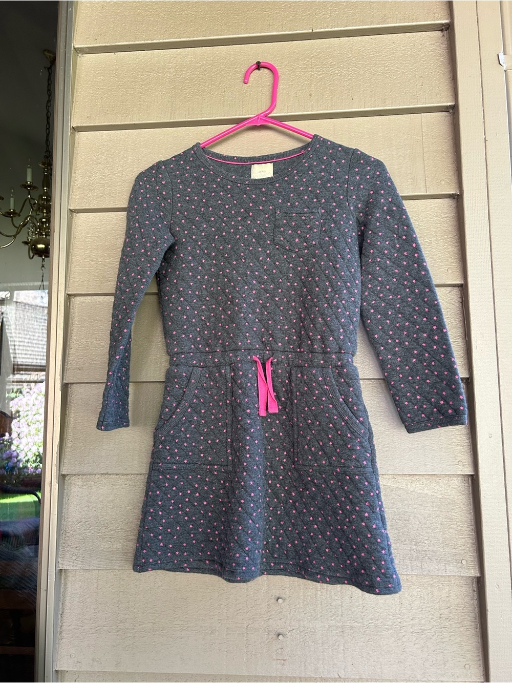 Boden Girls' Gray quilted Dress with Pink Star Print and Drawstring
